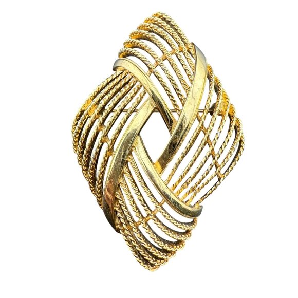 Vintage Monet Gold Tone Metal Textured Brooch Pin Art Deco Geometric Design - Picture 1 of 6
